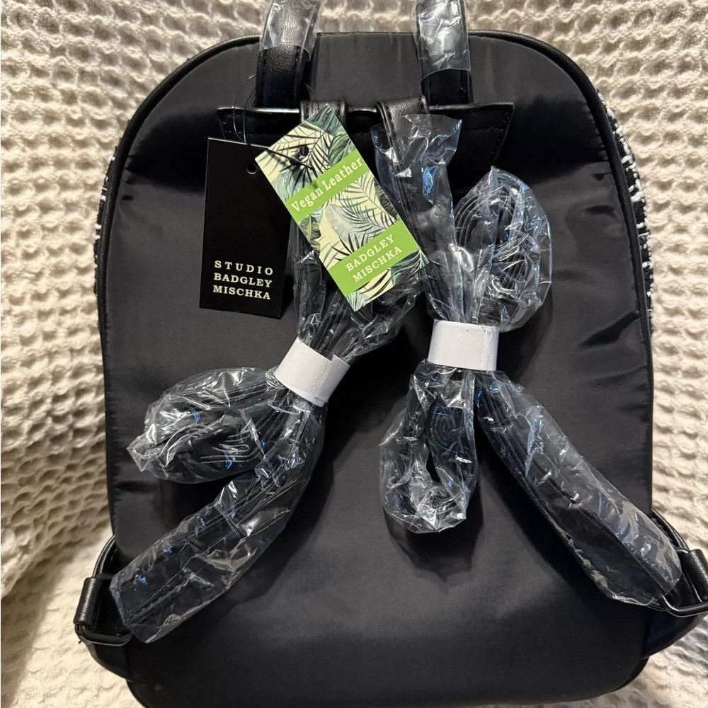 Badgley Mischka Studded Quilted Vegan Leather Backpack – Tweed Pocket – NWT